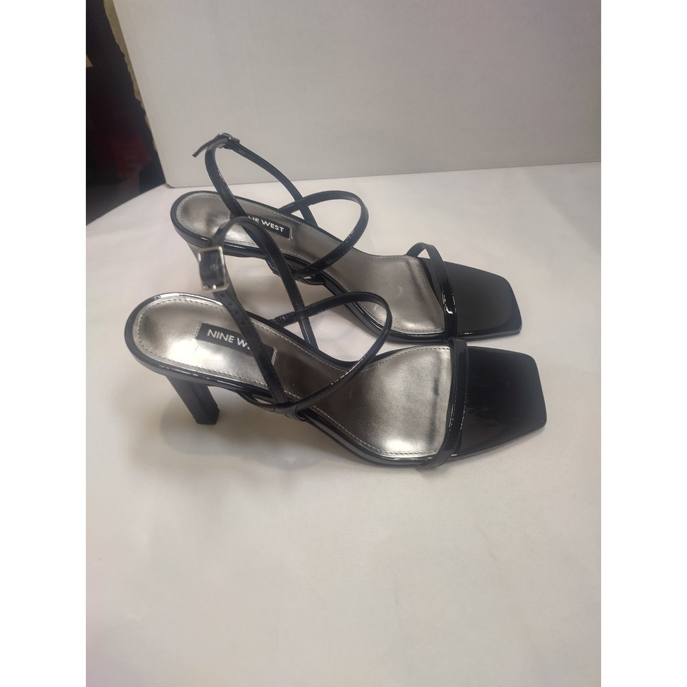 Nine West WNOLAH3 Black Patent Strappy Square Toe Heeled Sandals Womens 9.5M